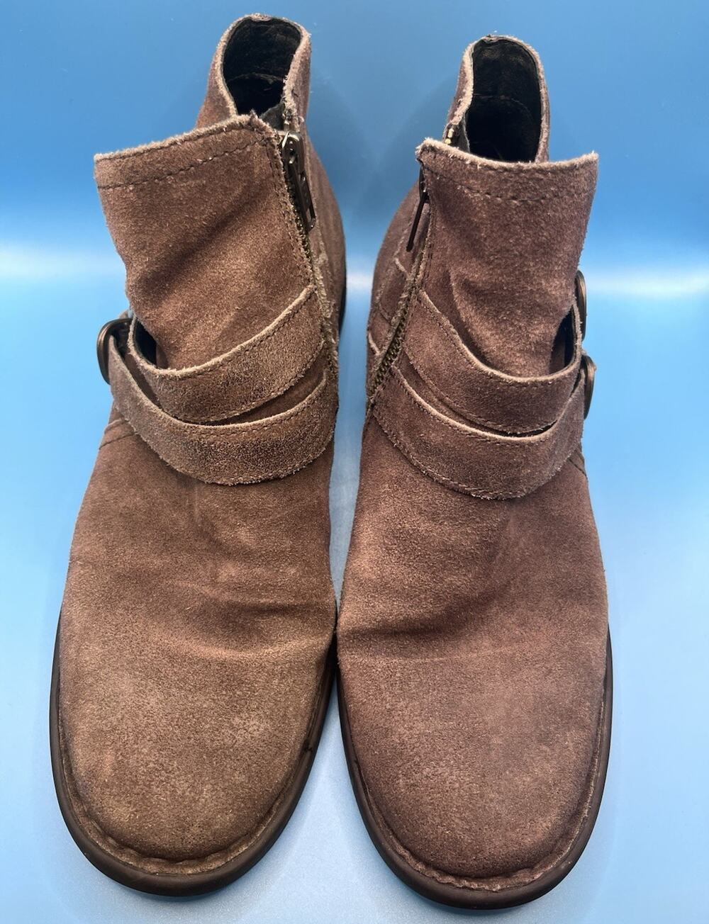 Born Brown Suede Ankle Boots Zip Buckle Strap Round Toe Women’s 9.5M